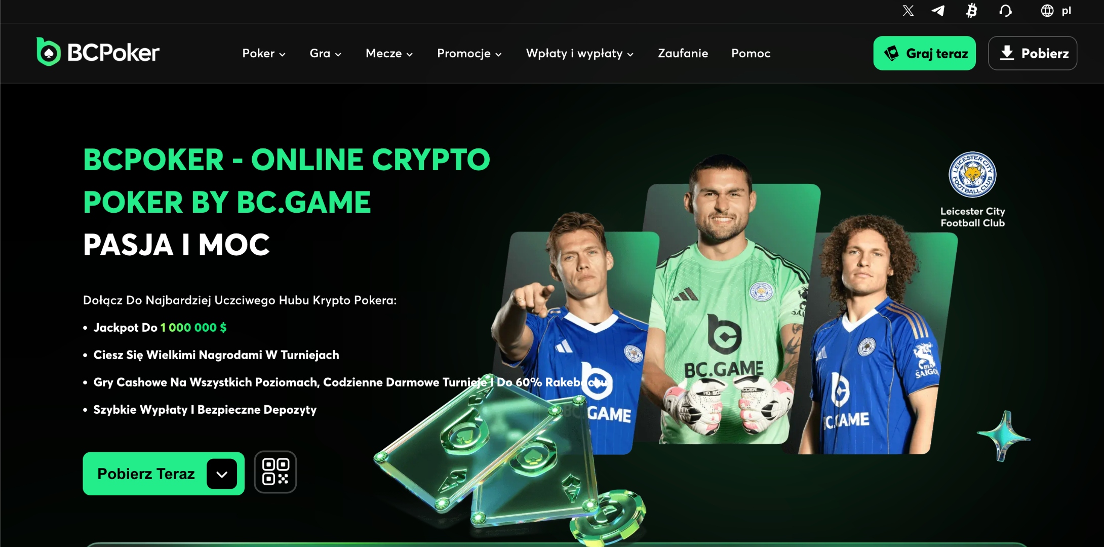 Strona główna BCPoker w polskiej wersji językowej z kampanią Leicester City Football Club (kwiecień 2026)