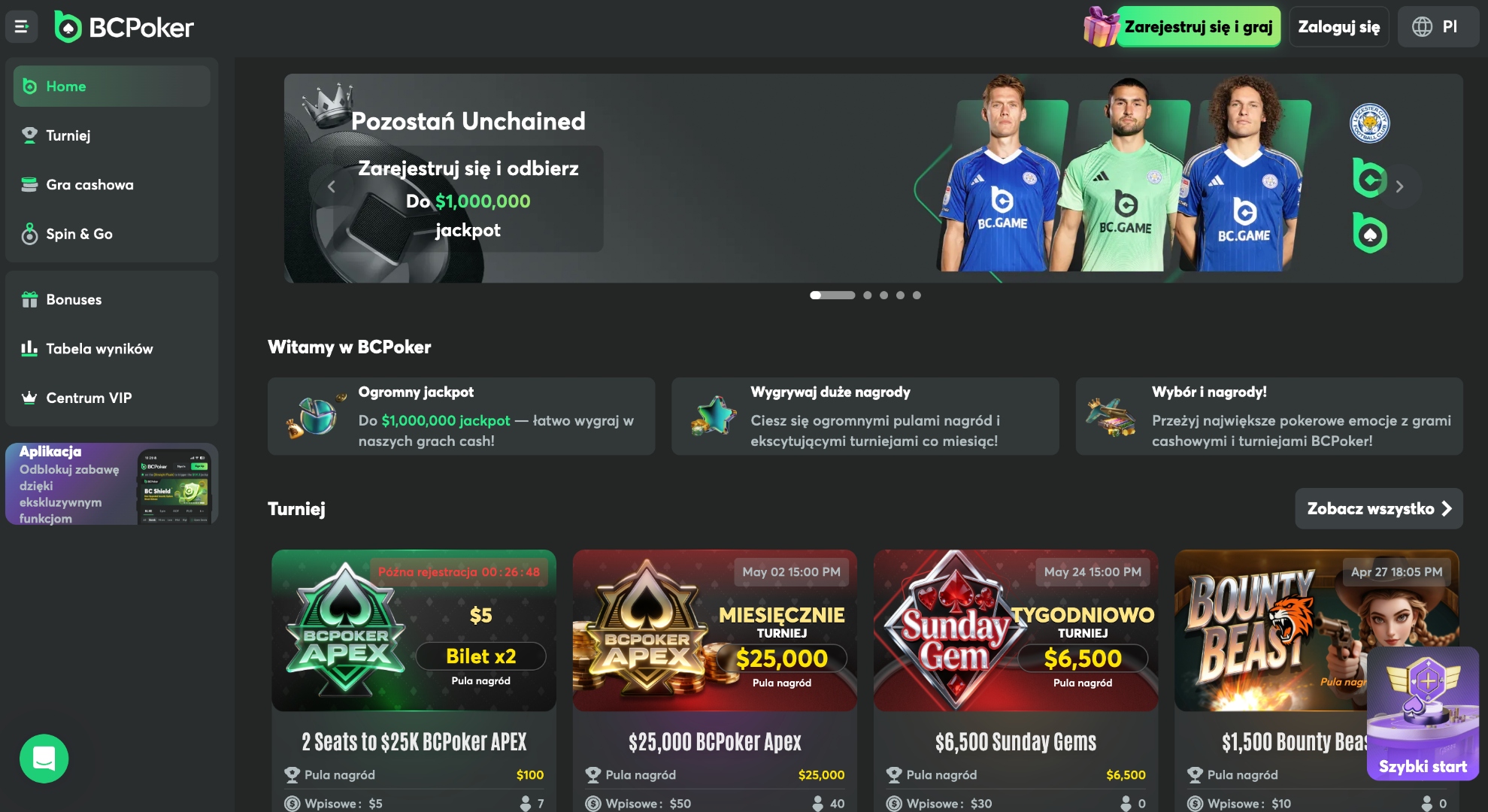 Lobby BCPoker w polskiej wersji, zakładki Turniej, Gra cashowa, Spin & Go, ze szczegółami głównych turniejów BCPoker APEX, Sunday Gem i Bounty Beast