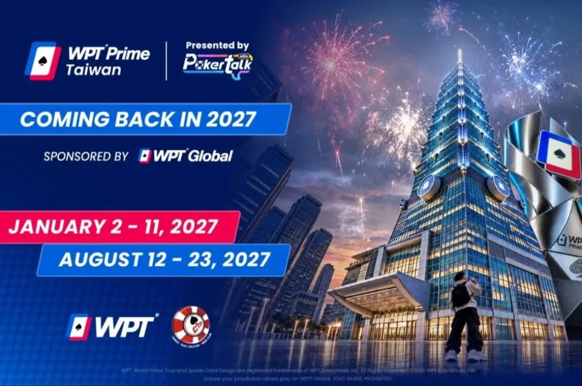 Grafika WPT Prime Taiwan 2027 z wieżą Taipei 101 i datami festiwalu od 2 do 11 stycznia