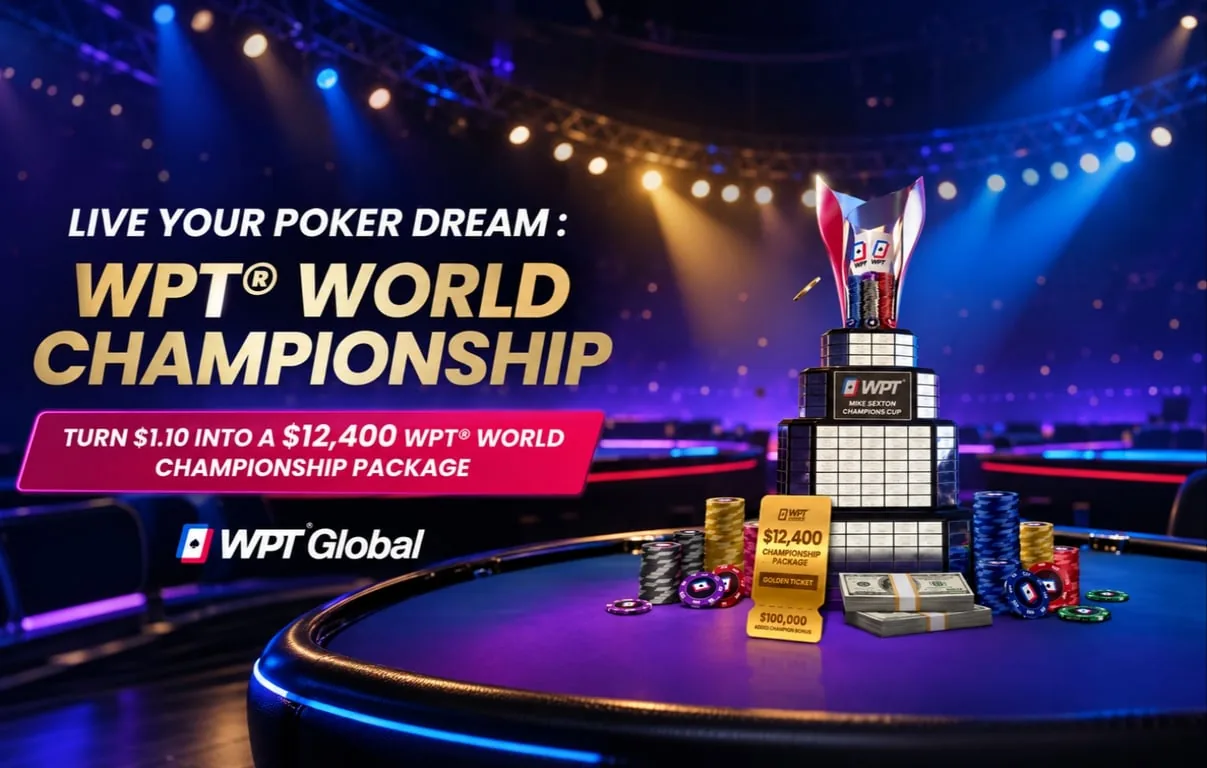 Grafika WPT World Championship z trofeum i Golden Ticket, pakiet 12 400 USD z satelity za 1,10 USD
